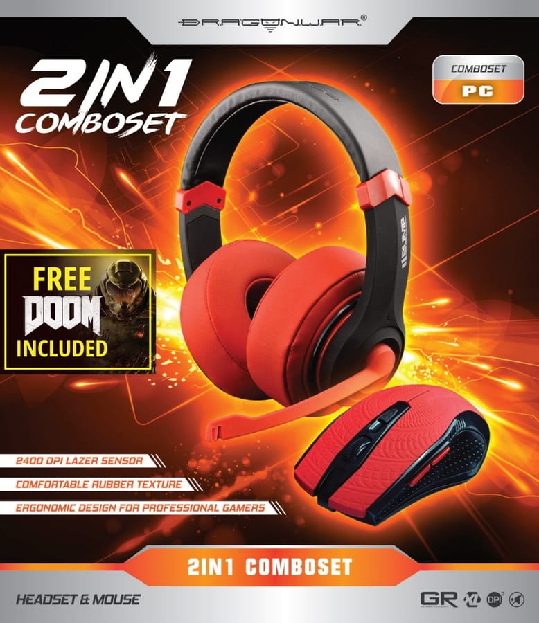Dragonwar Comboset 2 en 1 Combo Set Edition Rouge + Stereo Gaming Headset + Souris Gaming + Jeu Complet Doom PC