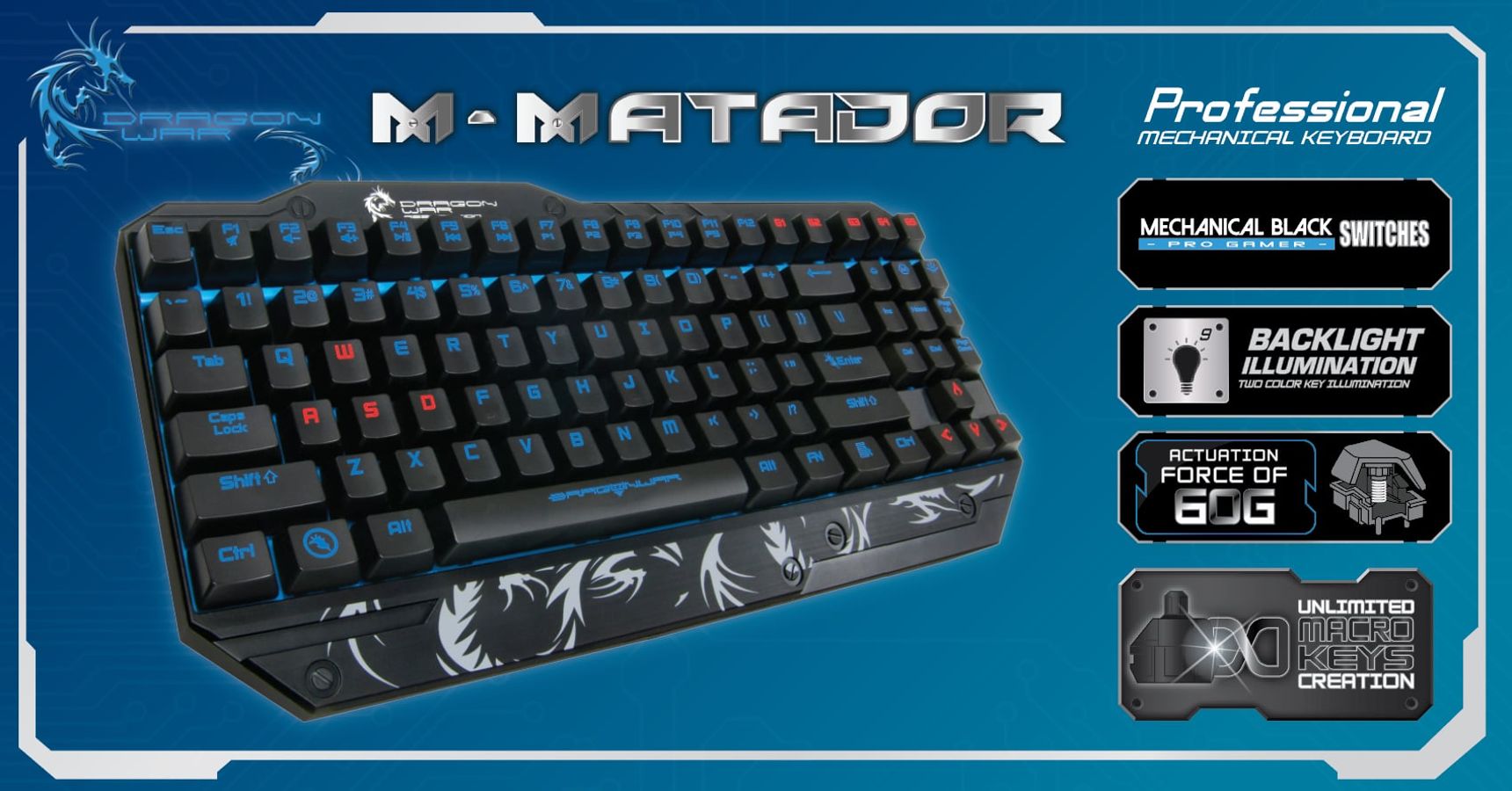 Dragonwar Backlight M-Matador Mechanical Pro Gaming Keyboard Qwerty with programmable Macro keys. - Black
