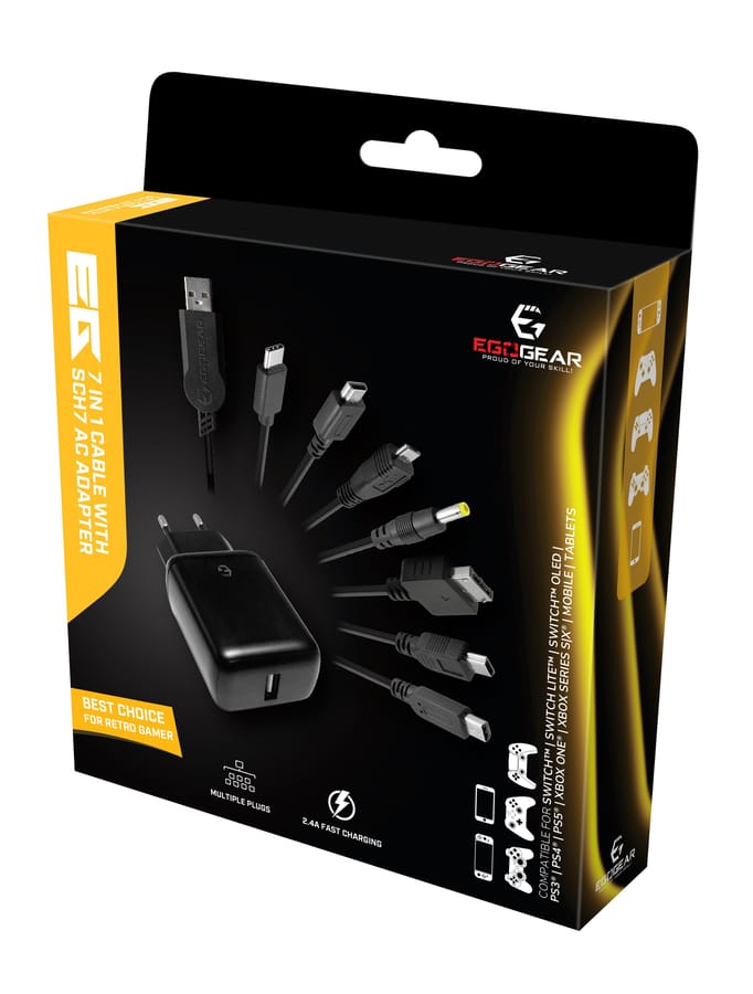 EgoGear - SCH7 - 7 in 1 Charging Cable with Fast Euro USB Charger for Consoles, Controllers, Mobile, Tablets