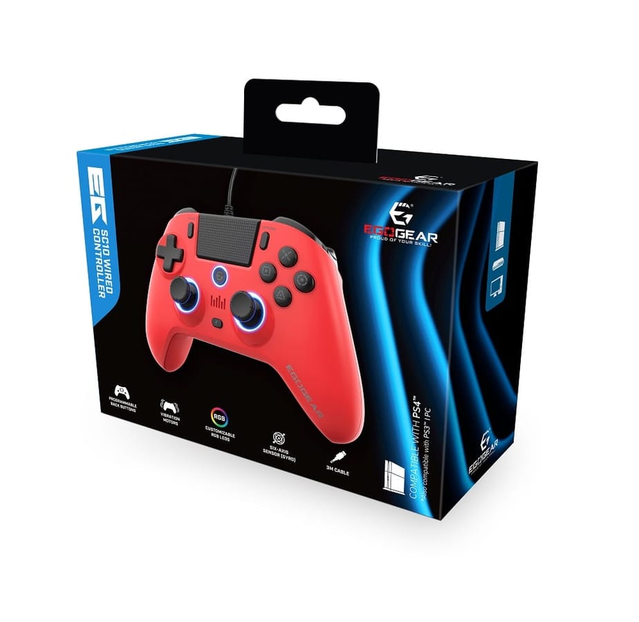 EgoGear - SC10 Wired Controller Red with Audio Headset Port for PS4, PS3 & PC