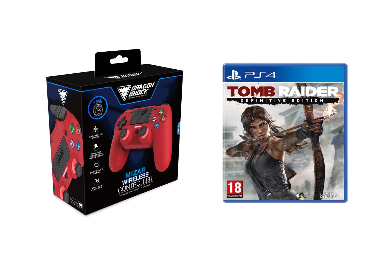 DragonShock - Bundle Manette sans fil Bluetooth MIZAR Rouge pour PS4, PC et Mobile + Tomb Raider Definitive Edition