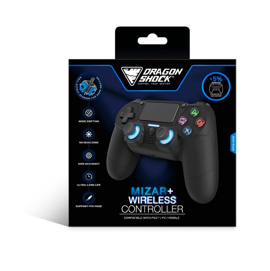 DragonShock - MIZAR+ - Mando inalámbrico Bluetooth completamente negro para PS4, PC y móvil