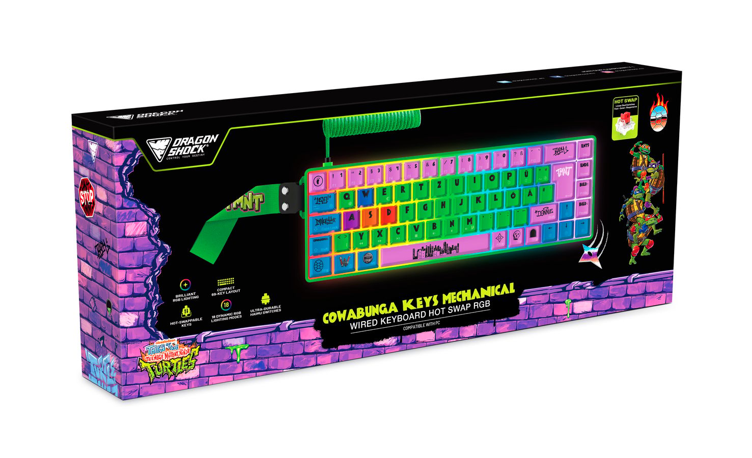DragonShock - Teclado Mecánico con cable para juegos TMNT Cowabunga RGB - Qwertz DE
