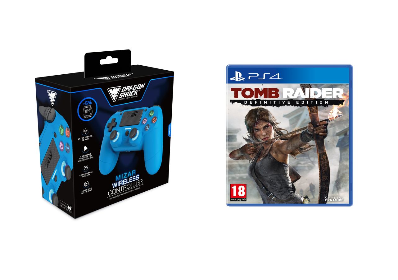 DragonShock - Bundle Manette sans fil Bluetooth MIZAR Bleue pour PS4, PC et Mobile + Tomb Raider Definitive Edition