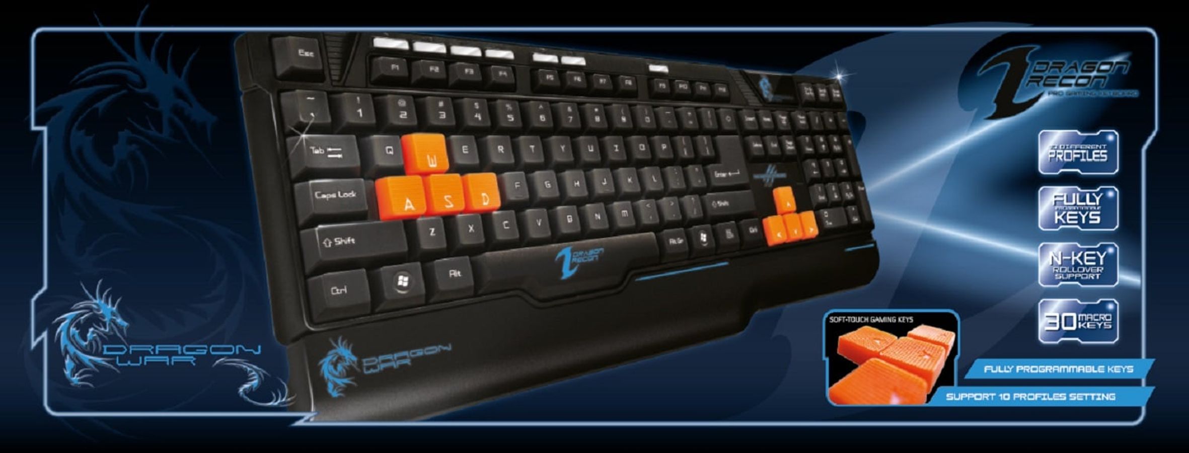  Dragonwar Recon - Tastiera da gioco programmabile Qwerty - 30 tasti Macro - 10 impostazioni di profilo - Nkey roller