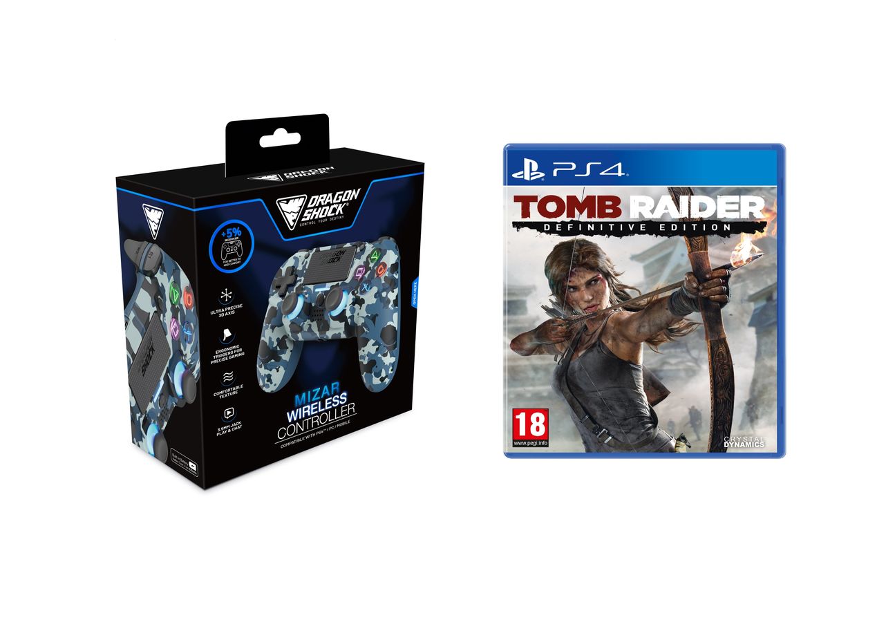 DragonShock - Bundle Manette sans fil Bluetooth MIZAR Bleu Camouflage pour PS4, PC et Mobile + Tomb Raider Definitive Edition