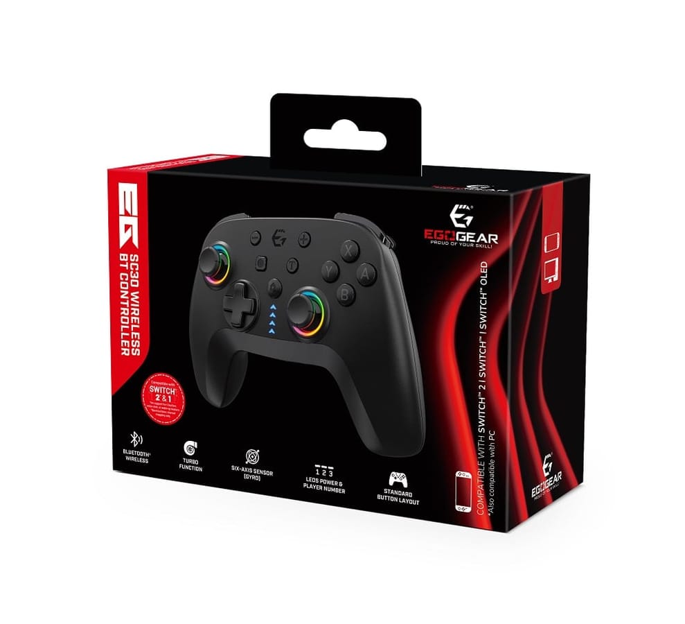 EgoGear - SC30 Wireless Bluetooth Controller Black for Switch 2, Switch, Switch OLED, PS3 and PC