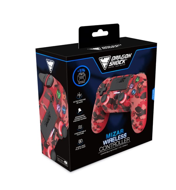 DragonShock - MIZAR BT - Controllore wireless rosso mimetico per PS4, PC e cellulari