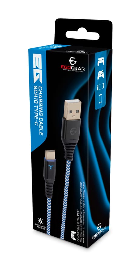EgoGear - Cavo di ricarica intrecciato SCH10 USB-C 3m bianco e blu per PS5, Xbox Serie X|S, Switch, Switch Lite e Switch OLED, Switch 2