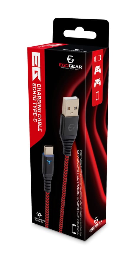 EgoGear - USB-C 3m Gevlochten Oplaadkabel Rood en Zwart - Geschikt voor Switch - PS5 - Xbox Series X - S - Switch Lite - Switch OLED, Switch 2