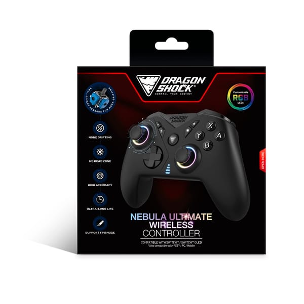 DragonShock - NEBULA ULTIMATE - Controllore Pro senza fili completamente nero per Switch, Switch Lite, Switch OLED, PS3, PC e Android